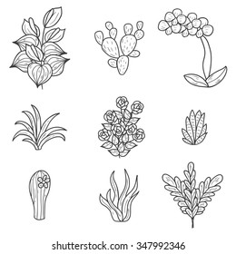 Set of cute cartoon hand drawn houseplants icons