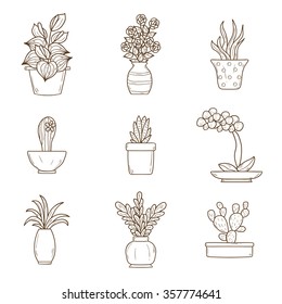 Set of cute cartoon hand drawn houseplants icons