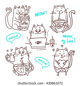 Set of cute cartoon hand drawn cats. Adorable vector clip art for your design. Isolated on wight.