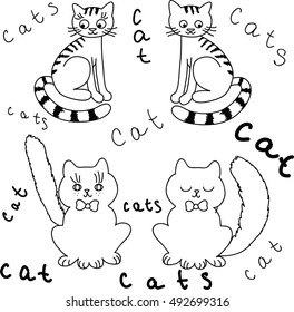 Set of cute cartoon hand drawn black and white cats couple