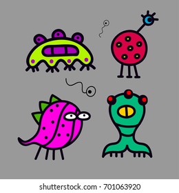 Set of cute cartoon hand drawn kids monsters, alien isolated. Funny monsters. Vector illustration