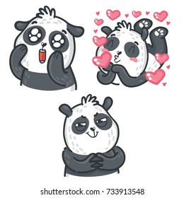 Set of cute cartoon hand drawn doodle Panda character: adorable, cunning, sending love and kisses emotions. Stickers, emoji, mascot illustration design