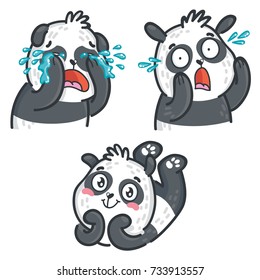 Set of cute cartoon hand drawn doodle Panda character: crying, adorable, surprised emotions. Stickers, emoji, mascot illustration design