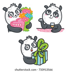 Set of cute cartoon hand drawn doodle Panda character: with gift box, with flowers and candy, on the table drinking emotions. Stickers, emoji, mascot illustration design