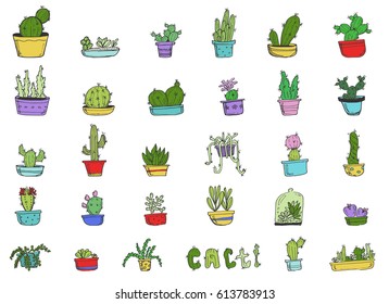 Set of cute cartoon hand-draw cactus in different pots