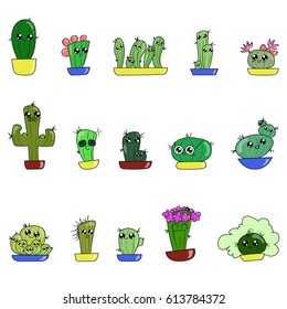 Set of cute cartoon hand-draw cactus in different pots, colored