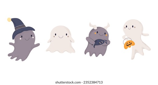 Set of cute cartoon happy ghost charactres. Funny smiling boo spirits ready for Halloween party. Vector illustration with watercolor texture on white background