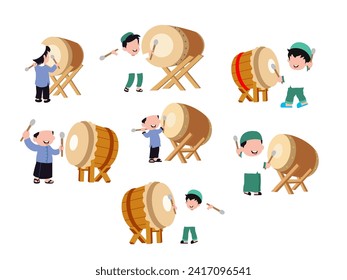 Set of cute cartoon Happy muslim boys hitting drum and celebrating Eid mubarak. Vector illustration isolated on white background. 