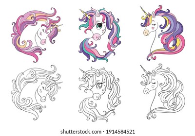 Conjunto de lindas cabezas de dibujos animados de unicornios. Monocromo y colorido. Ilustración aislada del vector. Para colorear, postales, afiches, diseño, tarjetas, pegatinas, decoración de habitaciones, juegos, ropa infantil, invitación y libro