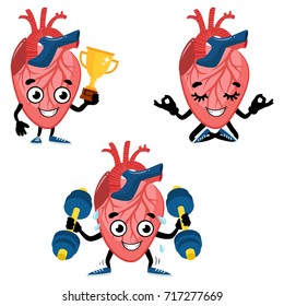 Set of cute cartoon heart. Cartoon characters mascot of the heart, heart with gold cup and heart meditating in yoga pose.Vector illustration isolated on background