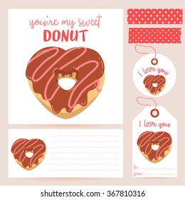 set with cute cartoon heart donut card on white background with you're my sweet donut text message, labels and washi tapes. valentine's day greeting card template, party invitations