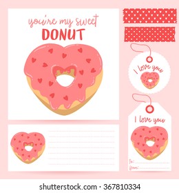 set with cute cartoon heart donut card on white background with you're my sweet donut text message, labels and washi tapes. valentine's day greeting card template, party invitations