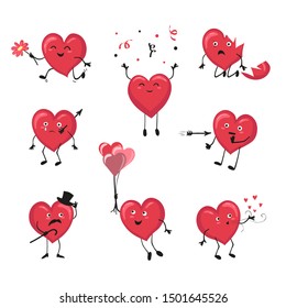 Set of cute cartoon hearts characters. Valentines day vector illustration.