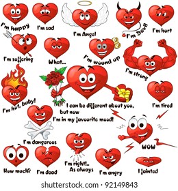 A set of cute cartoon hearts expressing different emotions