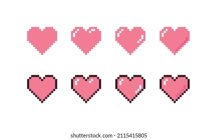 Set of cute cartoon hearts. Pixel art vector illustration. Retro computer screen design concept. Simple shape and colors. Love and Valentine day symbol