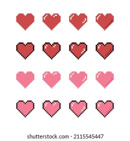 Set of cute cartoon hearts. Pixel art vector illustration. Retro computer screen design concept. Simple shape and colors. Love and Valentine day symbol