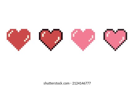 Set of cute cartoon hearts. Pixel art vector illustration. Retro computer screen design concept. Simple shape and colors. Love and Valentine day symbol