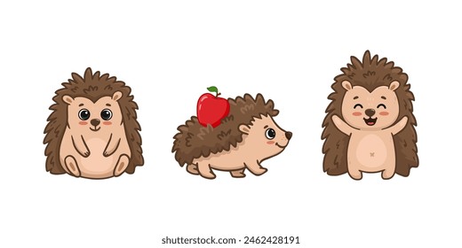 set of cute cartoon hedgehog isolated on white. Cartoon forest character. Hedgehog with apple. Vector illustration 