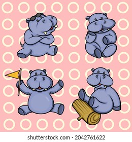 set of cute cartoon hippopotamus