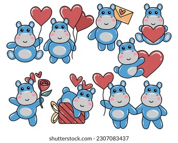 Set Cute cartoon hippopotamus drawing illustration