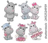Set of Cute Cartoon Hippos on a white background Handdrawn