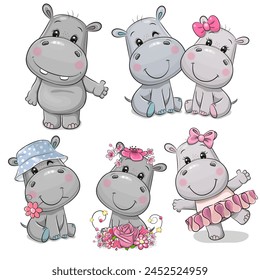 Set of Cute Cartoon Hippos on a white background Handdrawn