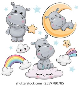 Set of Cute Cartoon Hippos on a white background