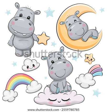 Set of Cute Cartoon Hippos on a white background