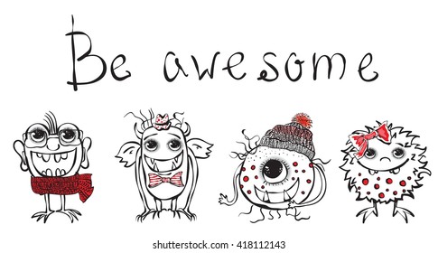 Set of cute cartoon hipster monsters