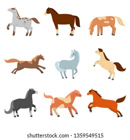 A set of cute cartoon horses of different configuration, color and coloring.