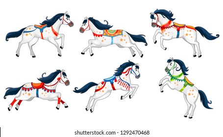 Set of cute cartoon horses isolated on white background. Running white vector horses for carousel, invitations, cards, posters etc.