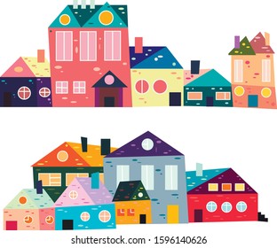 Set of cute cartoon houses with roofs in soft pastel colors