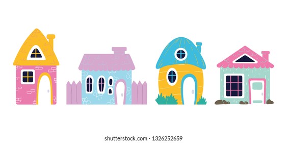 Set of cute cartoon houses, sweet home, bright juicy colors, vector flat illustration with textures