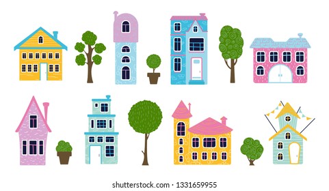 Set of cute cartoon houses and trees, sweet home, bright juicy colors, vector flat illustration in scandinavian style