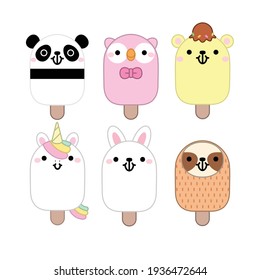 Set of cute cartoon ice cream with animals. In kawaii style with smiling face and pink cheeks. Owl, unicorn, sloth, panda, bear, rabbit. For sweet design. Vector illustration.