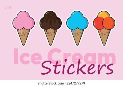 set of cute cartoon ice cream stickers. cute stickers, cone collection. ice cream time stickers set