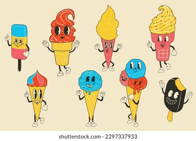 Set of Cute Cartoon Ice cream character. Happy and cheerful emotions. Old animation 60s 70s, funny cartoon characters. Trendy illustration in retro style.