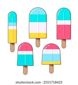 Conjunto de lindos postres de helado de dibujos animados, esquimales, paletas. Ilustraciones vectoriales