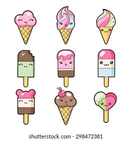 Set of cute cartoon ice-creams on white background in japan kawaii style