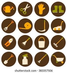 Set of cute cartoon icons with garden tools for your design. Garden rural work concept