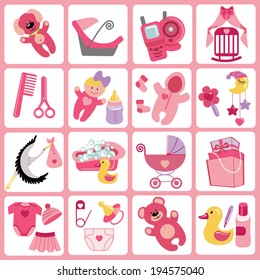 A set of cute cartoon icons for newborn baby girl. Baby cartoon items,scrapbooking elements .Vector illustration