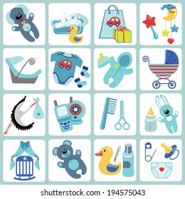 A set of cute cartoon icons for newborn baby boy. Baby cartoon items,scrapbooking elements .Vector illustration