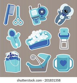 A set of cute cartoon  icons for newborn baby boy. Baby shower elements,scrapbooking in Strips background.Vector illustration