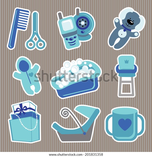 A set of cute cartoon  icons for newborn\
baby boy. Baby shower elements,scrapbooking in Strips\
background.Vector\
illustration