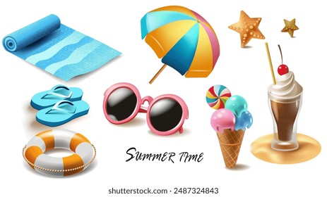 Set of cute cartoon icons for summer vacation. Sun lounger, cocktails, umbrellas, ice cream and other other stuff. Vector 3d illustration