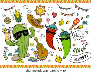 Set of cute cartoon illustration, concept of Mexico culture, isolated on white background