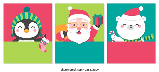 Set of cute cartoon illustration with copy space for christmas and new year card template