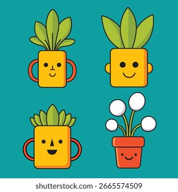 Set a cute cartoon illustration featuring four potted plants with smiling faces.