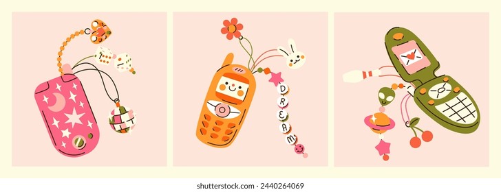 Set of Cute cartoon illustration of retro 2000s flip mobile cellphones. Hand drawn flat vector y2k mobile telephone with star stickers and charms in colored doodle style. 