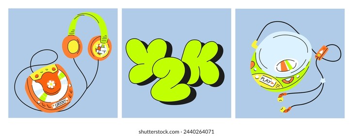 Set of Cute cartoon illustration of retro 2000s CD players. Hand drawn flat vector y2k compact music player with headphones in colored doodle style.
